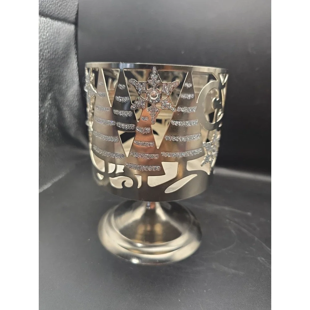 Bath & Body Works Christmas Holiday Glitter Snowman Metal Pedestal Candle Holder